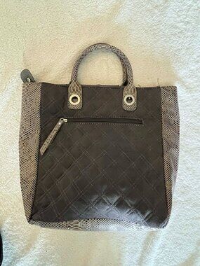 Chico's Gray Quilted Tote Bag Faux Snakeskin Trim and silver Tone